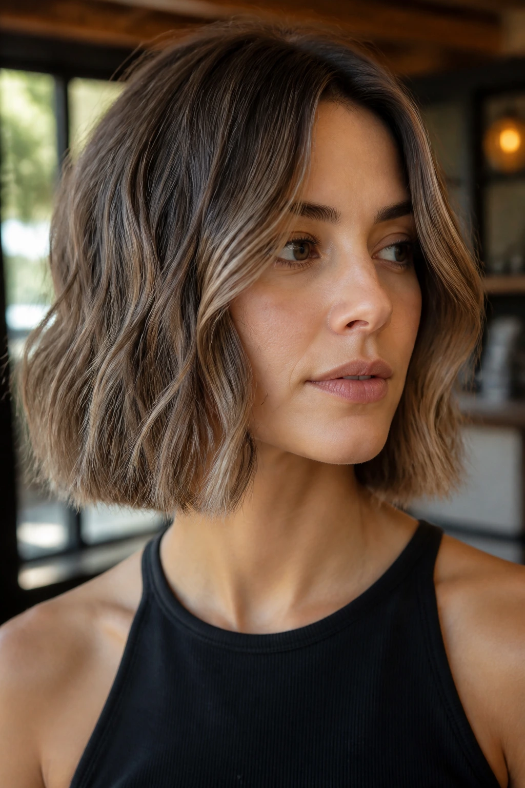 Close-up of a real woman with a blunt lob ending below the jaw and soft waves