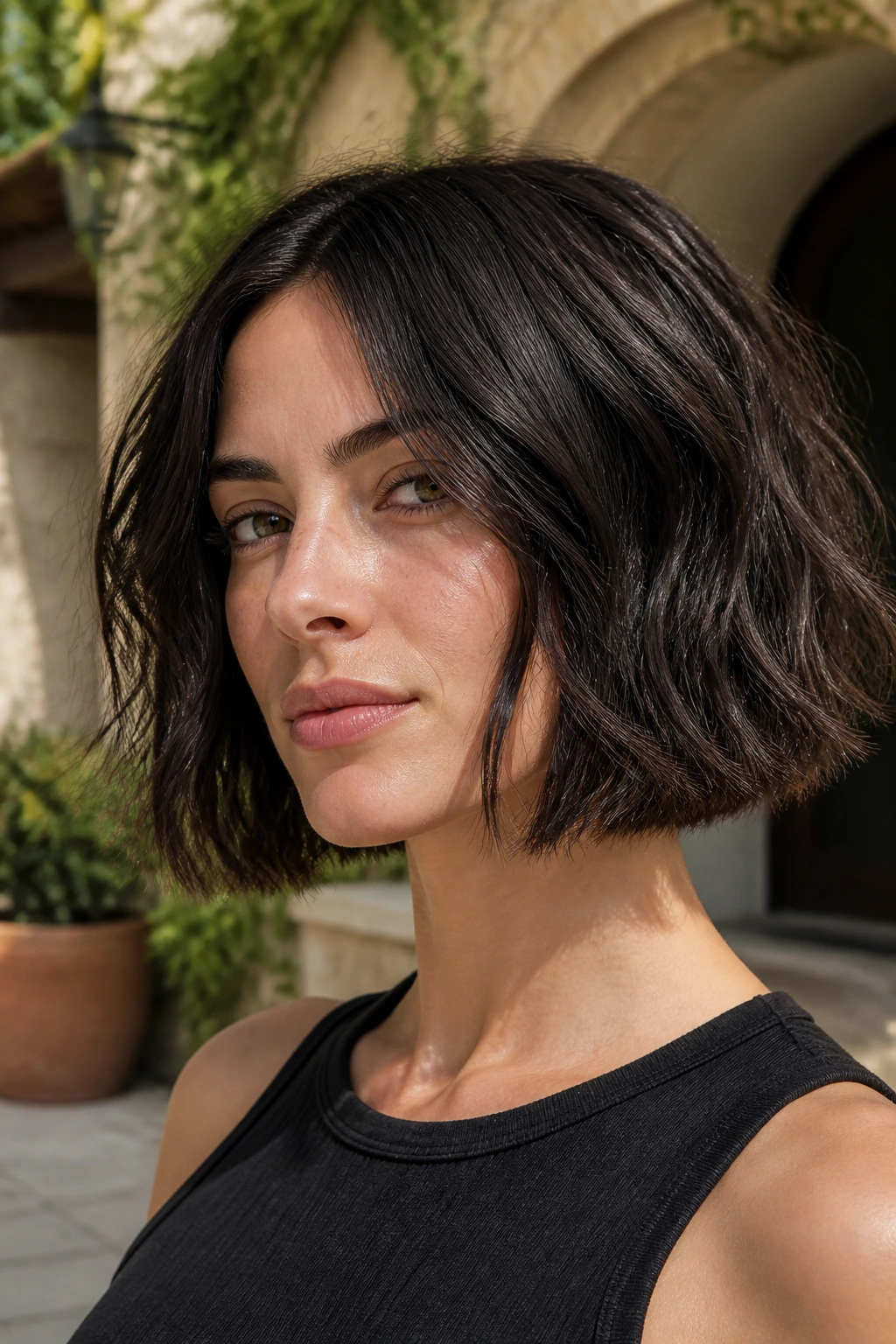 Real woman with textured blunt lob, sharp yet soft with texture