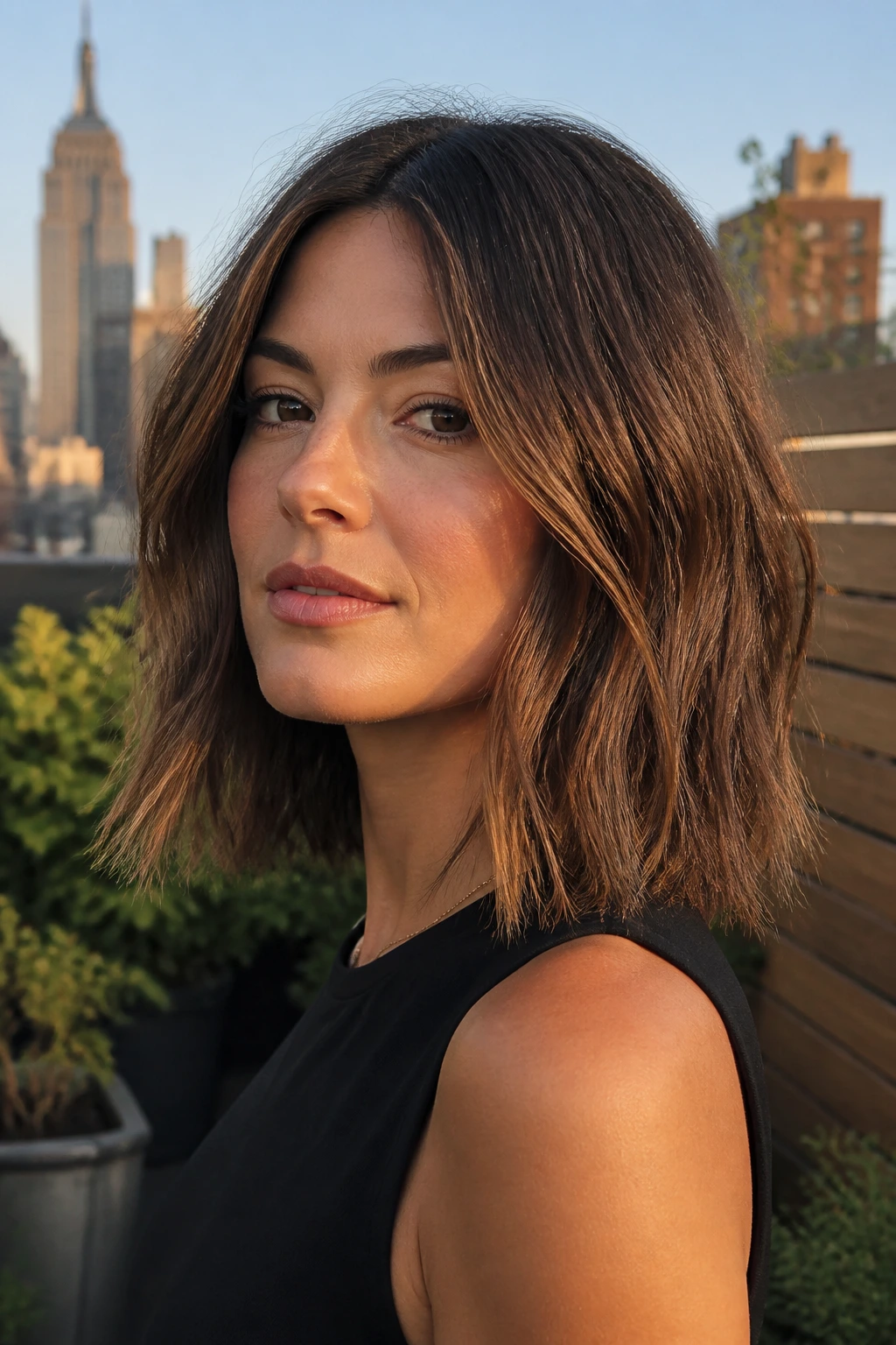 Close-up of a real woman with a textured blunt lob hairstyle.