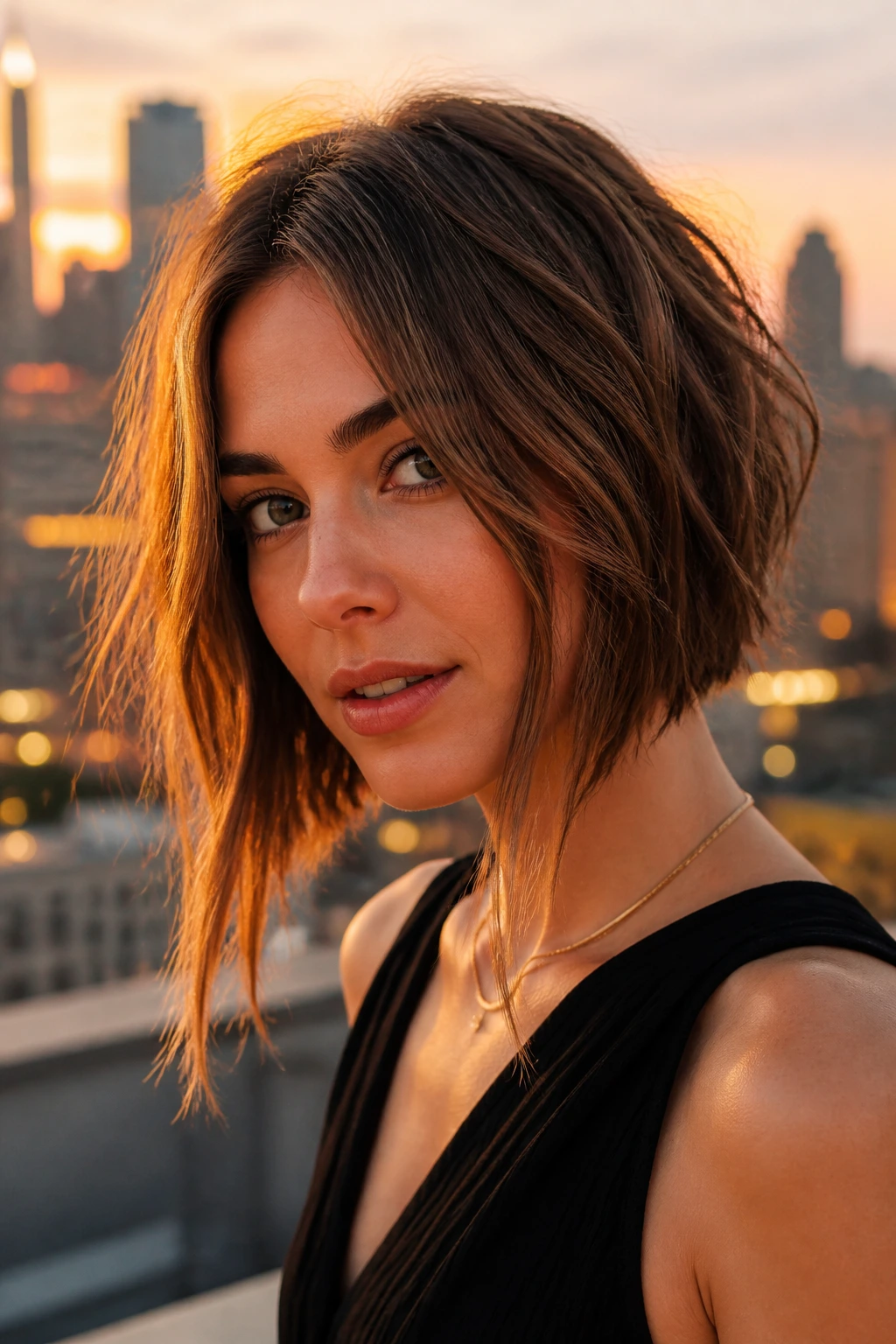 Close-up of textured bob with elongated front pieces on a real person