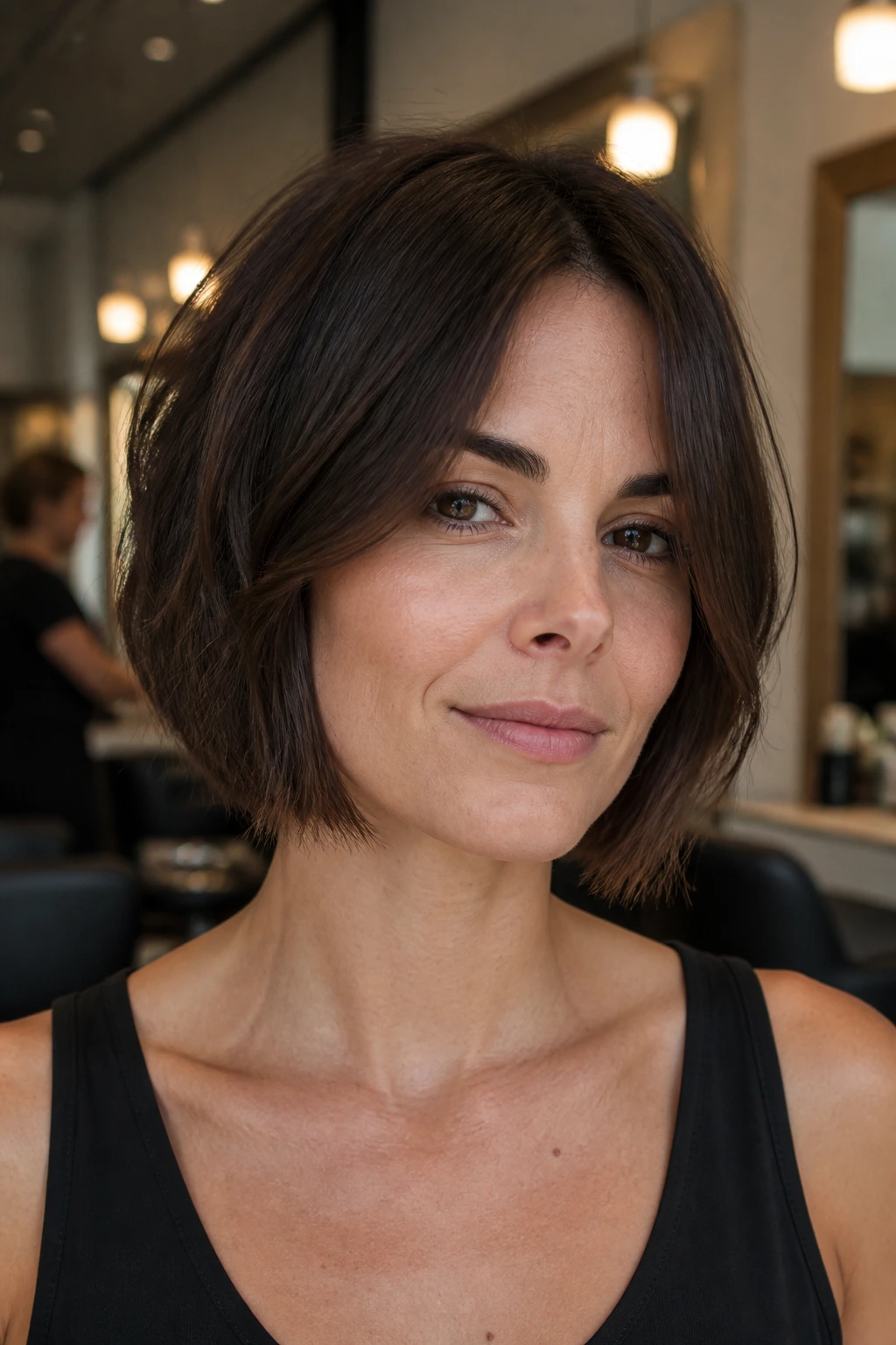 Close-up of a real woman with textured bob and frayed ends