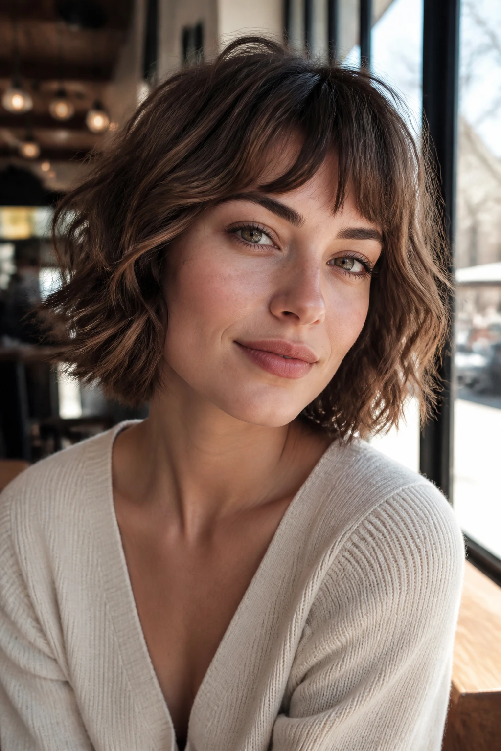 Close-up of a real woman with a textured bob and short fringe.