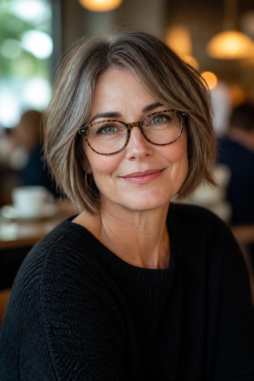Close-up portrait of a real woman with Textured Bob for Glasses Wearers, textured bob framing the face with glasses.