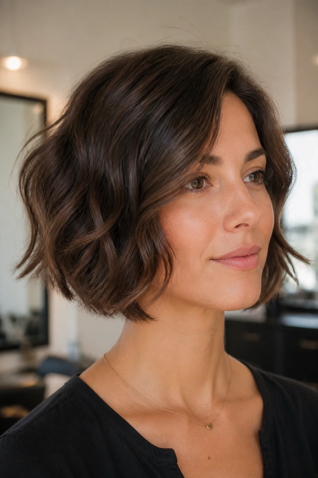 Close-up portrait of a woman with a textured bob and invisible layers