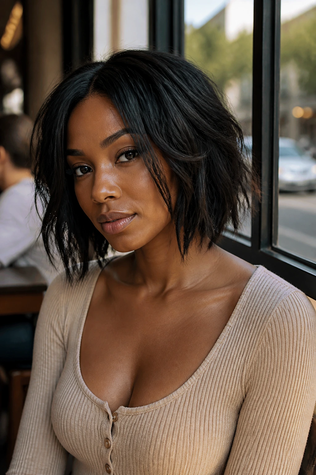 Real woman with piecey textured bob in urban cafe setting