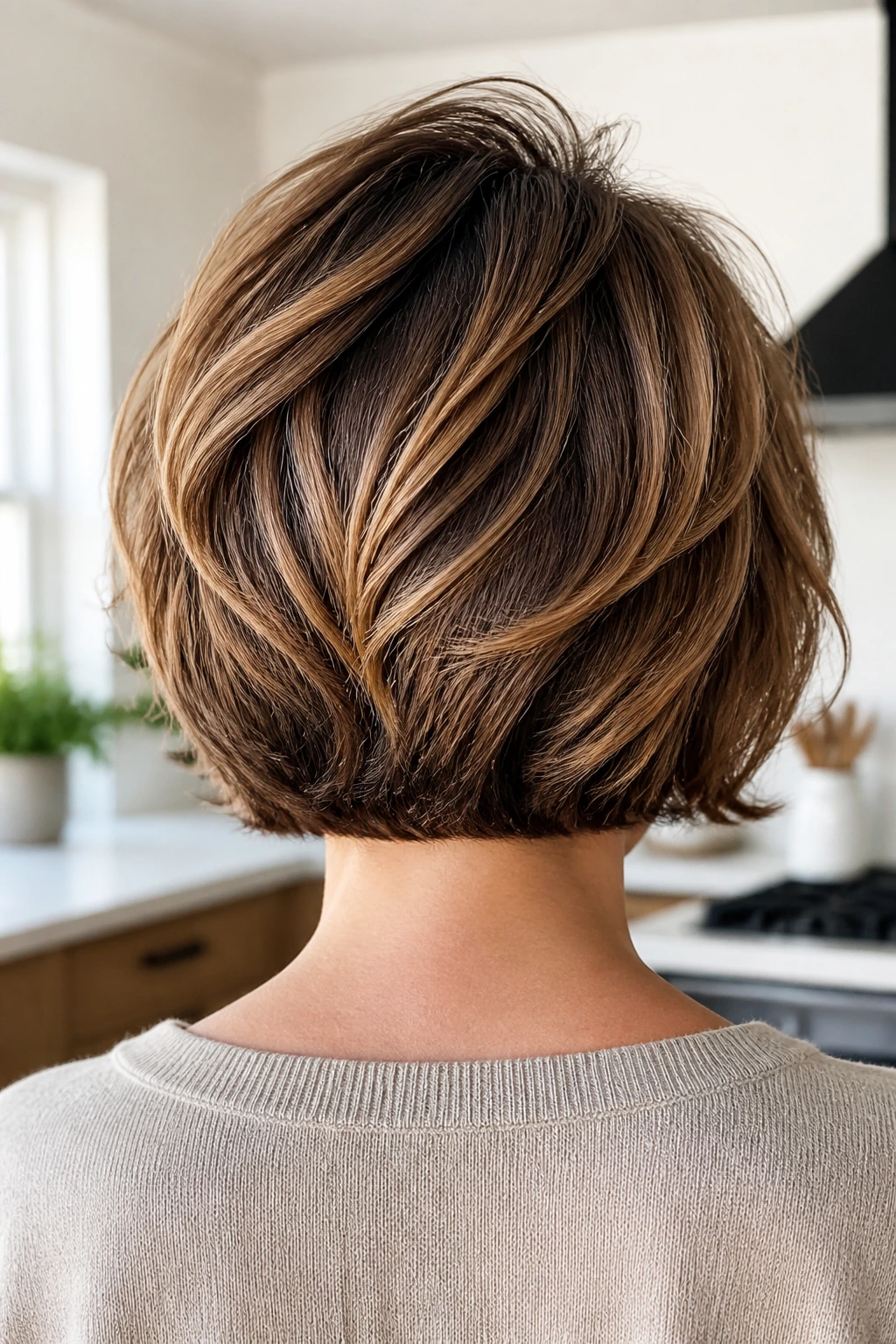 Back view of a real woman with a textured bob and a piecey crown lift.