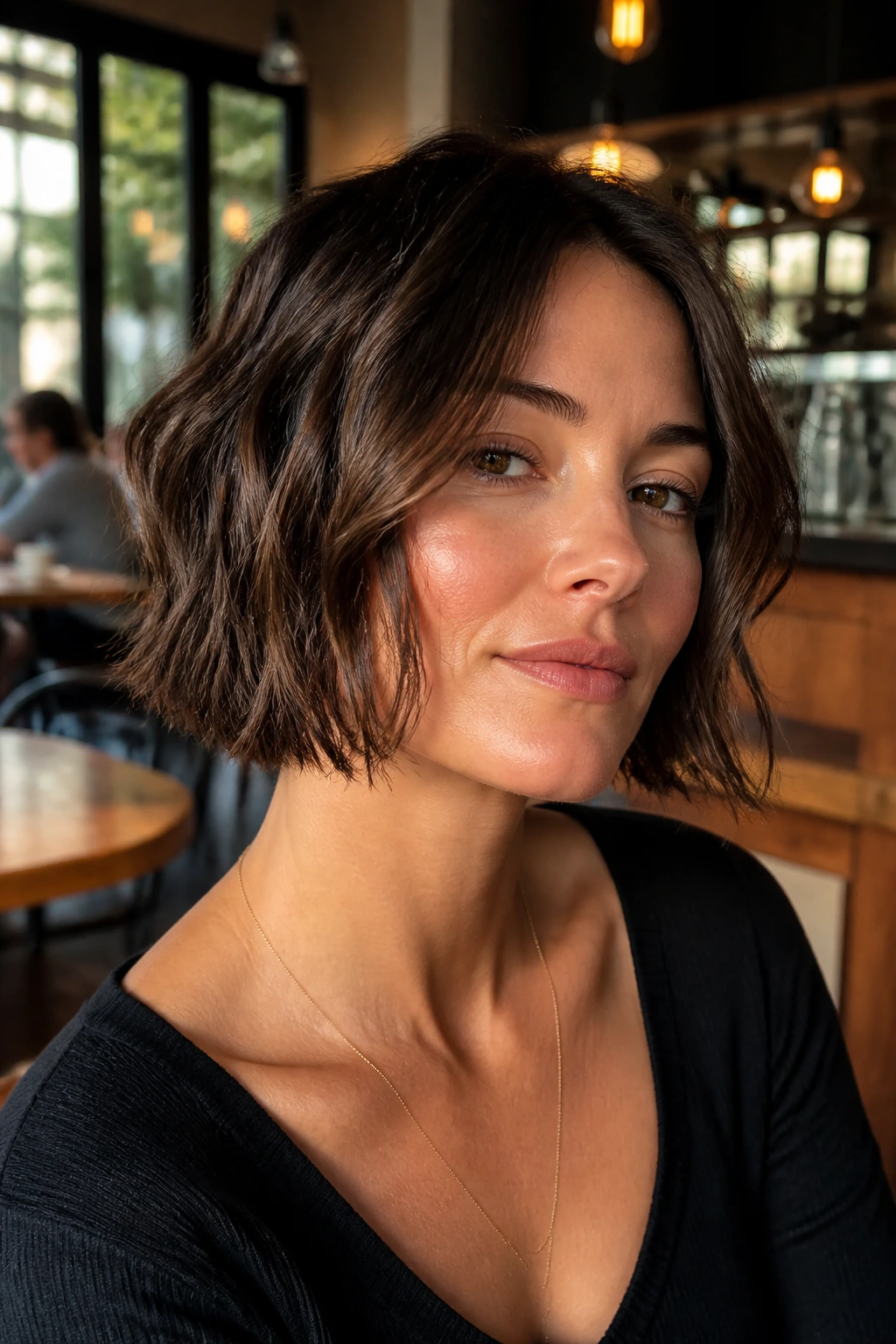 Portrait of a woman with a jaw-length textured bob in warm cafe light