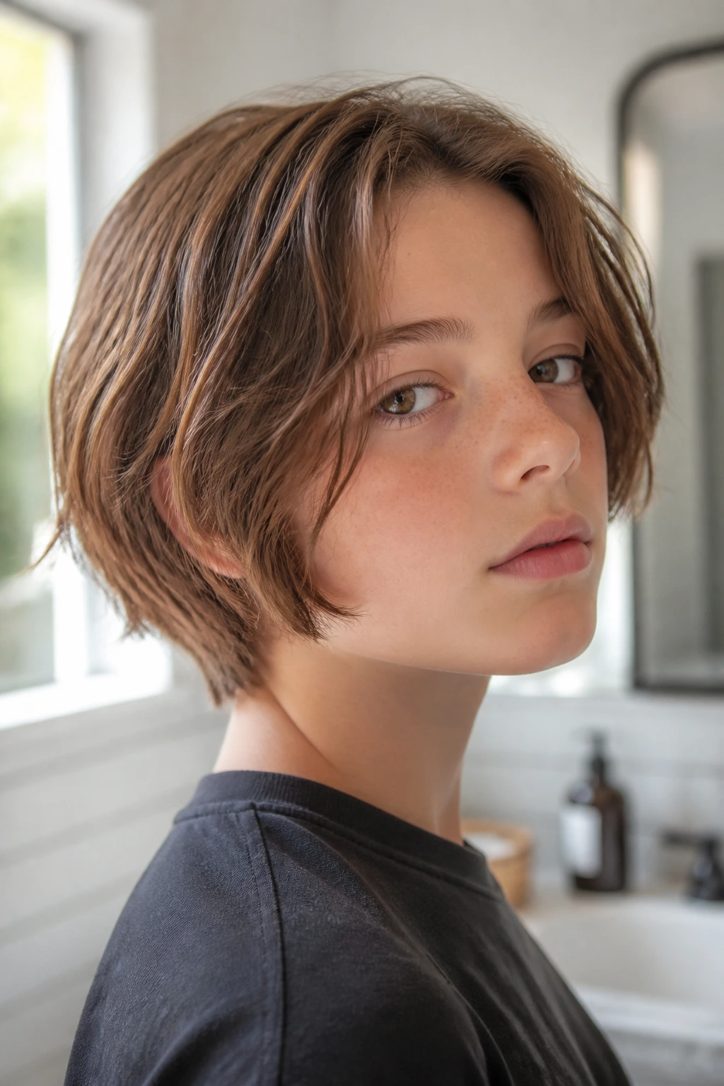 Close-up portrait of boy with textured bob and razor ends in bathroom light