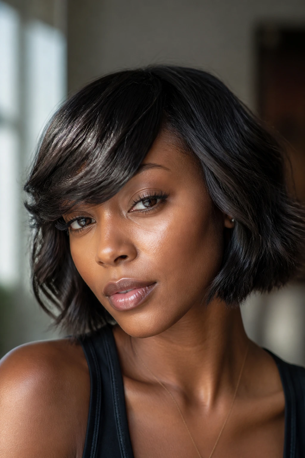 Close-up of a Black woman with textured bob and side bangs in natural light