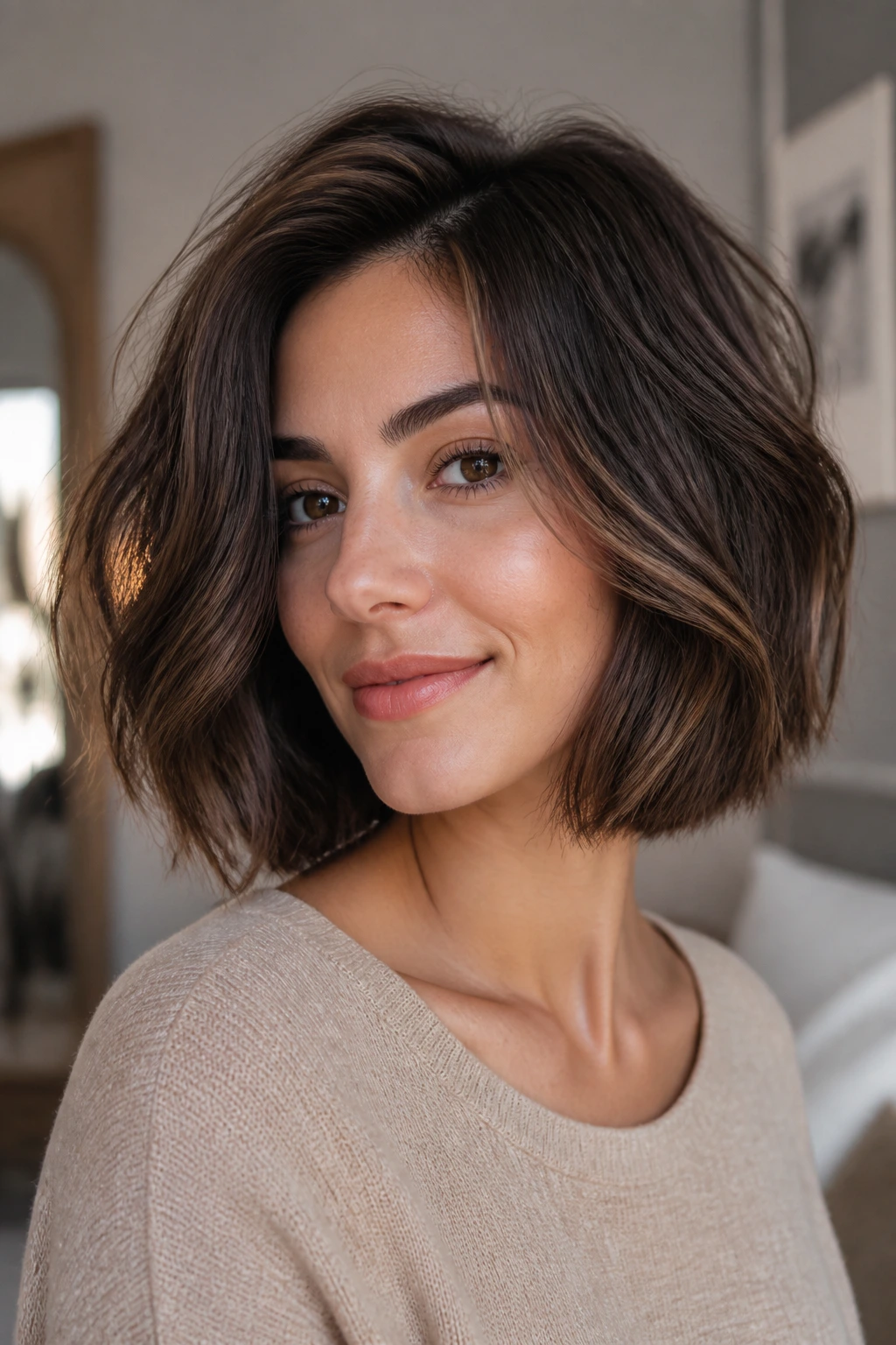 Portrait of a person with a textured bob, showcasing internal layers and subtle bend.