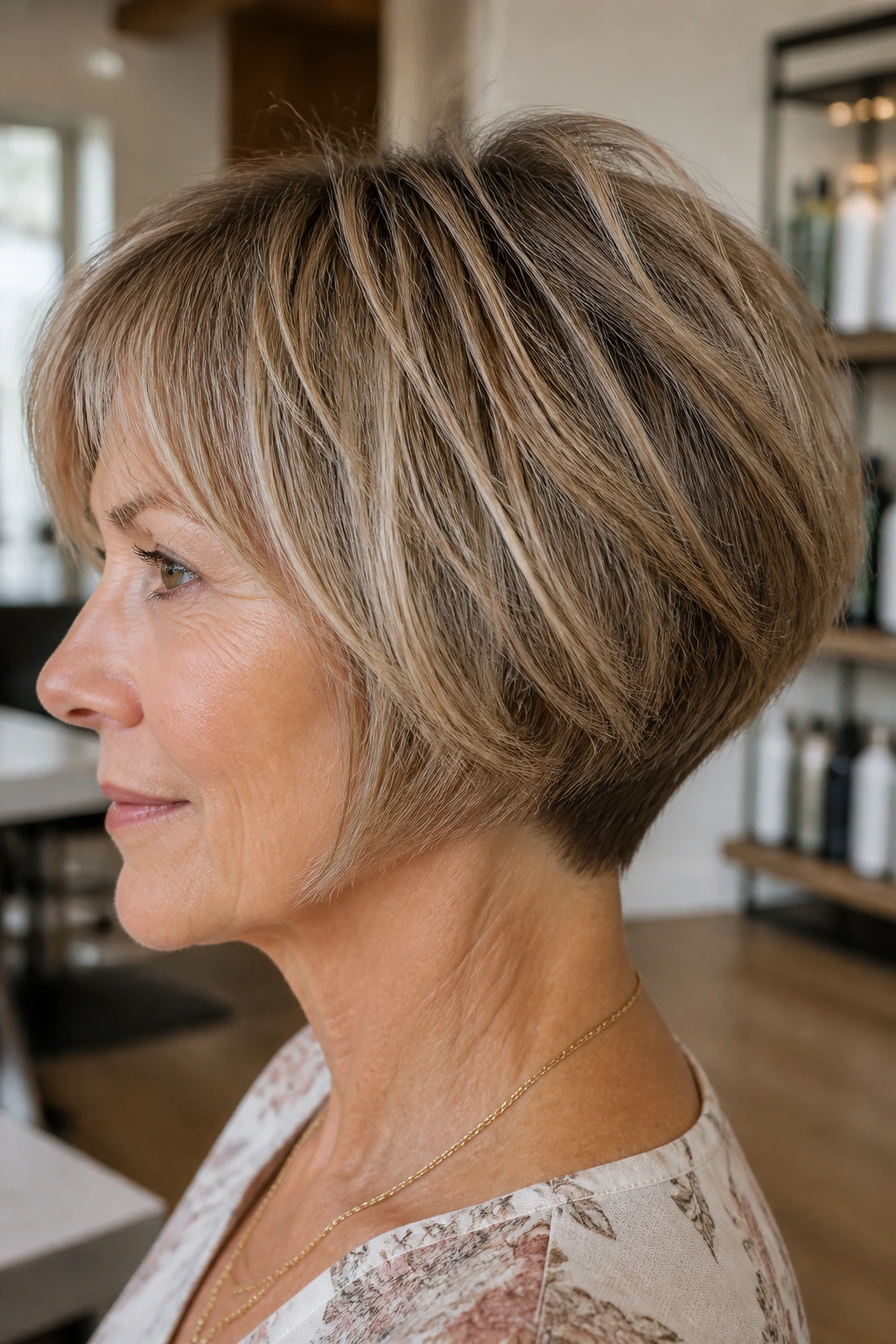 Close-up portrait of a real woman with a textured bob and tapered nape in a warm salon setting
