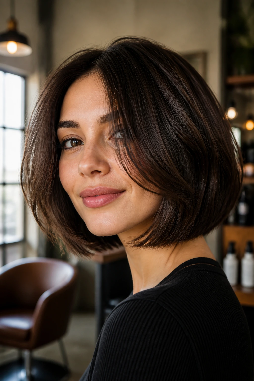Close-up portrait of a woman with a thick textured bob highlighting jawline and movement