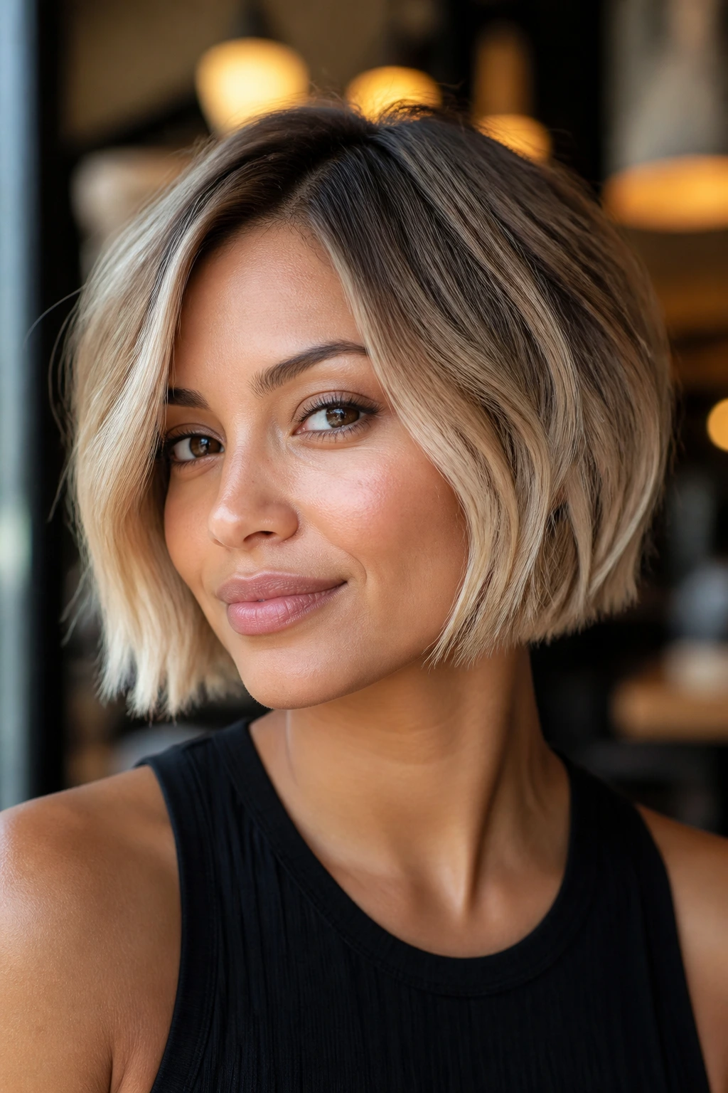 Close-up of a woman with a textured bob and toasted vanilla ends in warm cafe window light