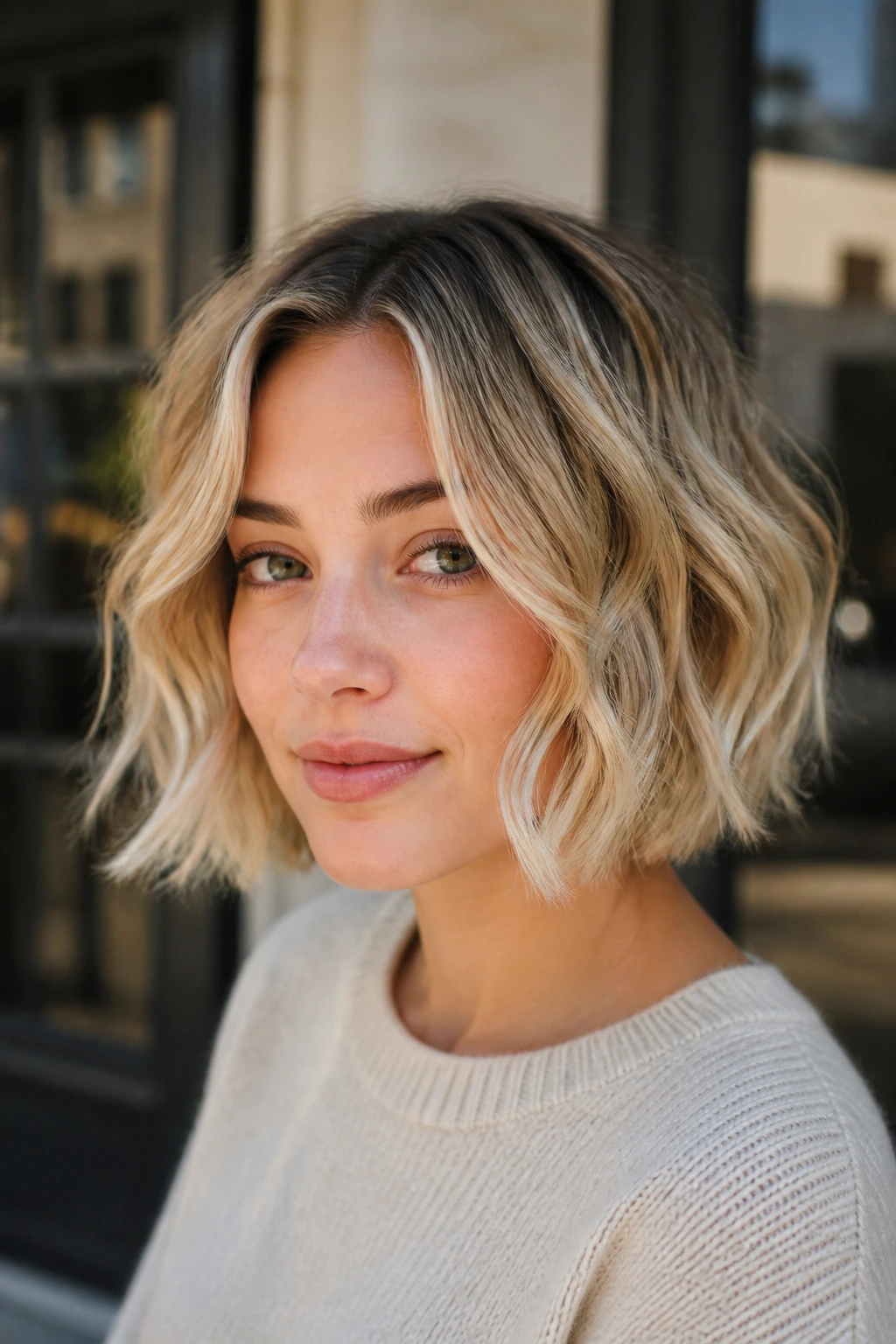 Close-up of a real woman with jaw-length textured bob and soft waves
