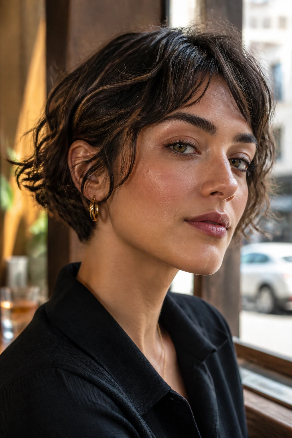 Close-up of a real woman with a soft textured micro bob and gentle waves.