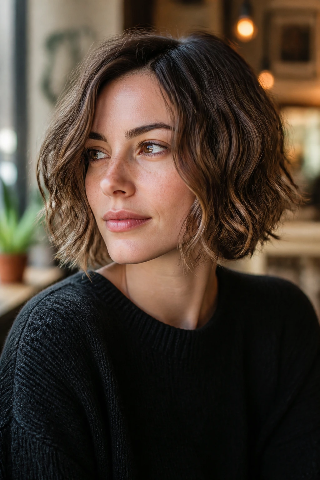 Close-up portrait of a real woman with jaw length textured bob and wavy ends