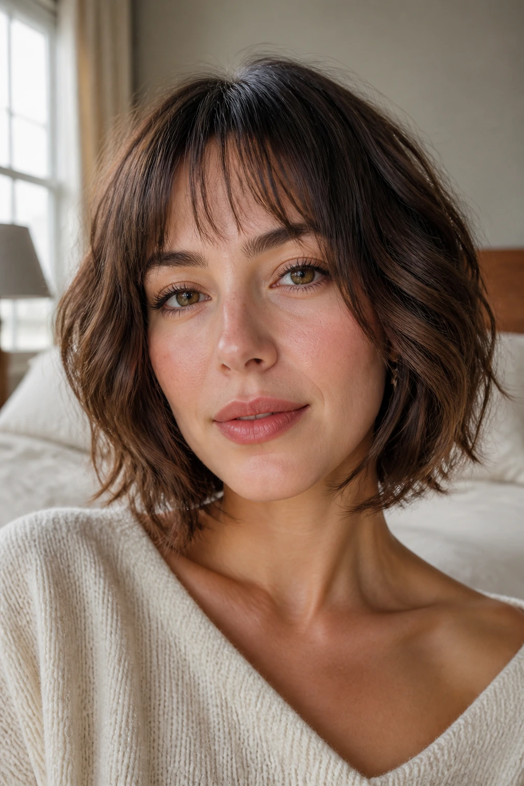 Close-up of a real woman with textured bob and wispy baby bangs