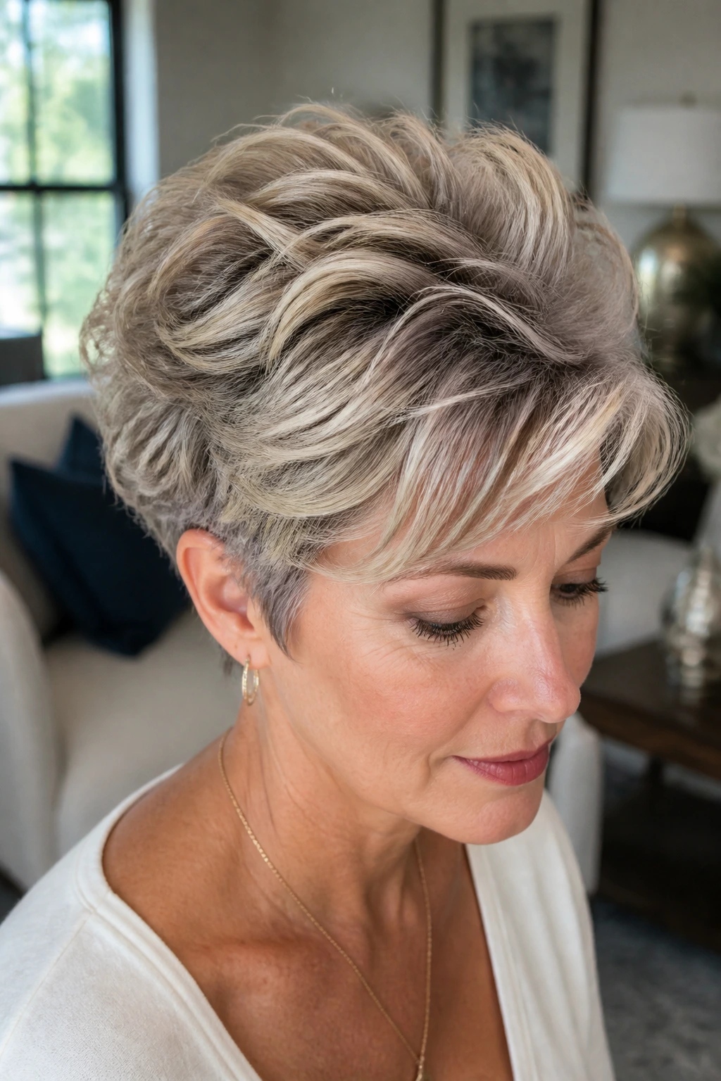 Real person with textured bouffant pixie hairstyle and lifted crown
