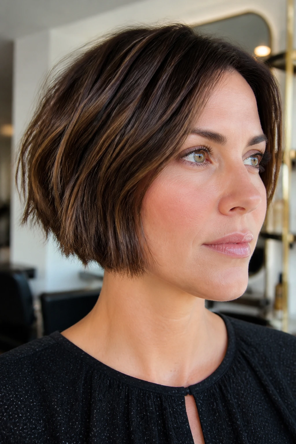 Real woman with textured box bob showing crisp silhouette with broken ends for texture.