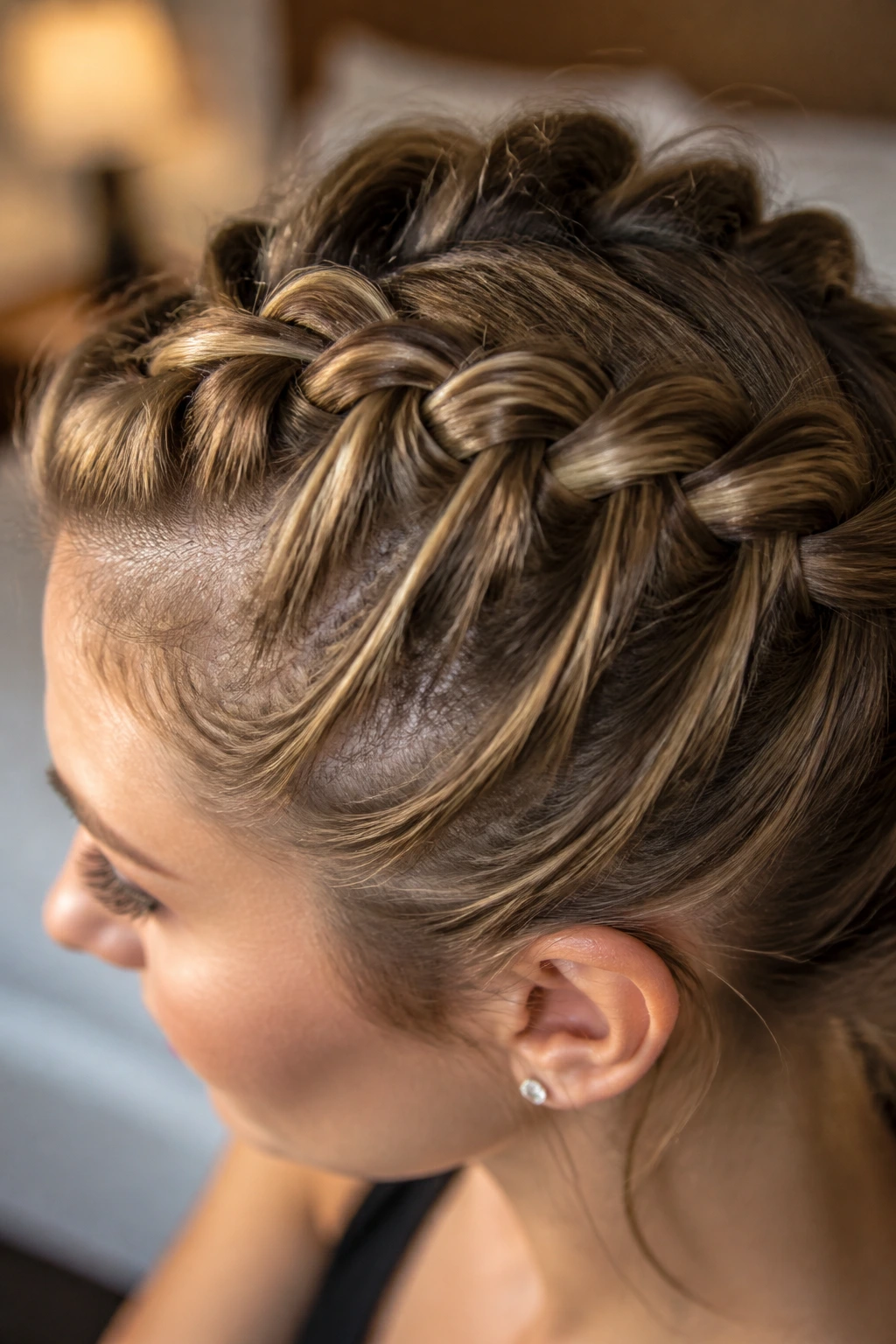 Close-up of a textured Dutch braid on a real woman, highlighting braid surface texture