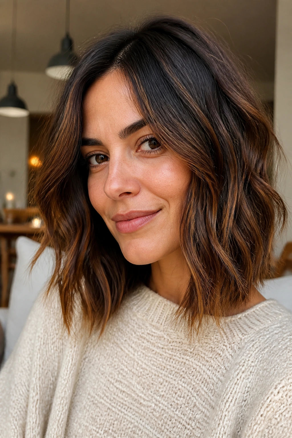 Close-up of textured brunette lob with cinnamon highlights on a real person.