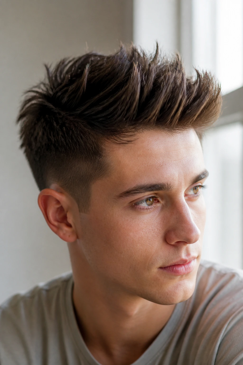 Close-up of a real person with a textured brush-up quiff showing separated ends.