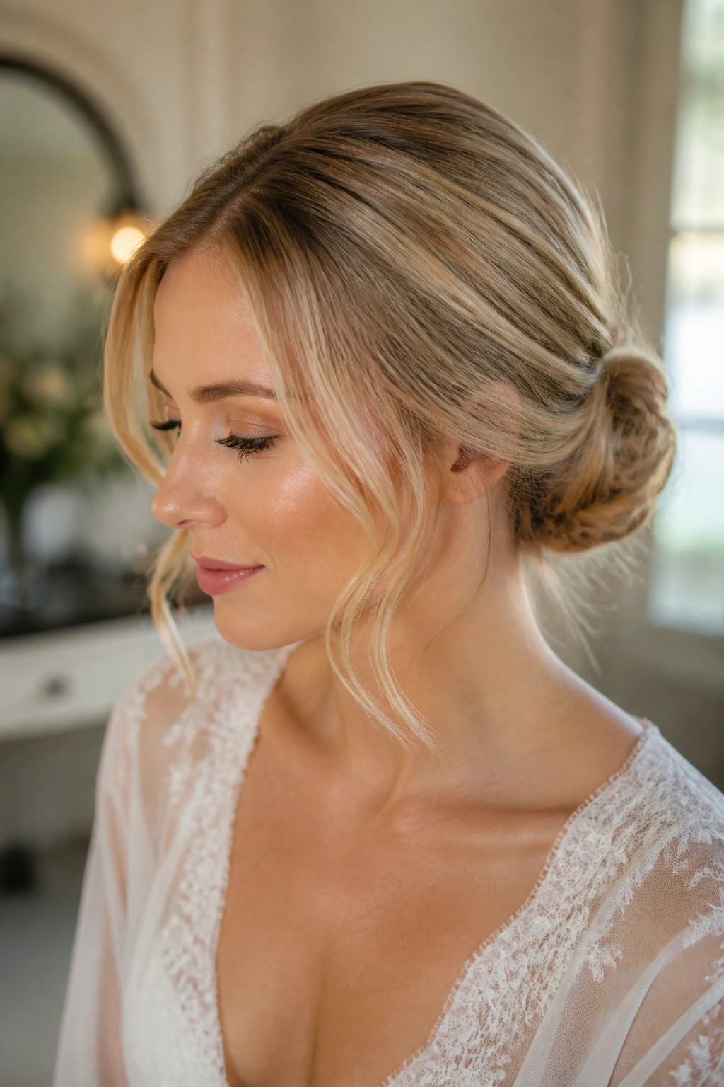 Close-up of a real woman with a textured bun and loose tendrils in a bridal setting