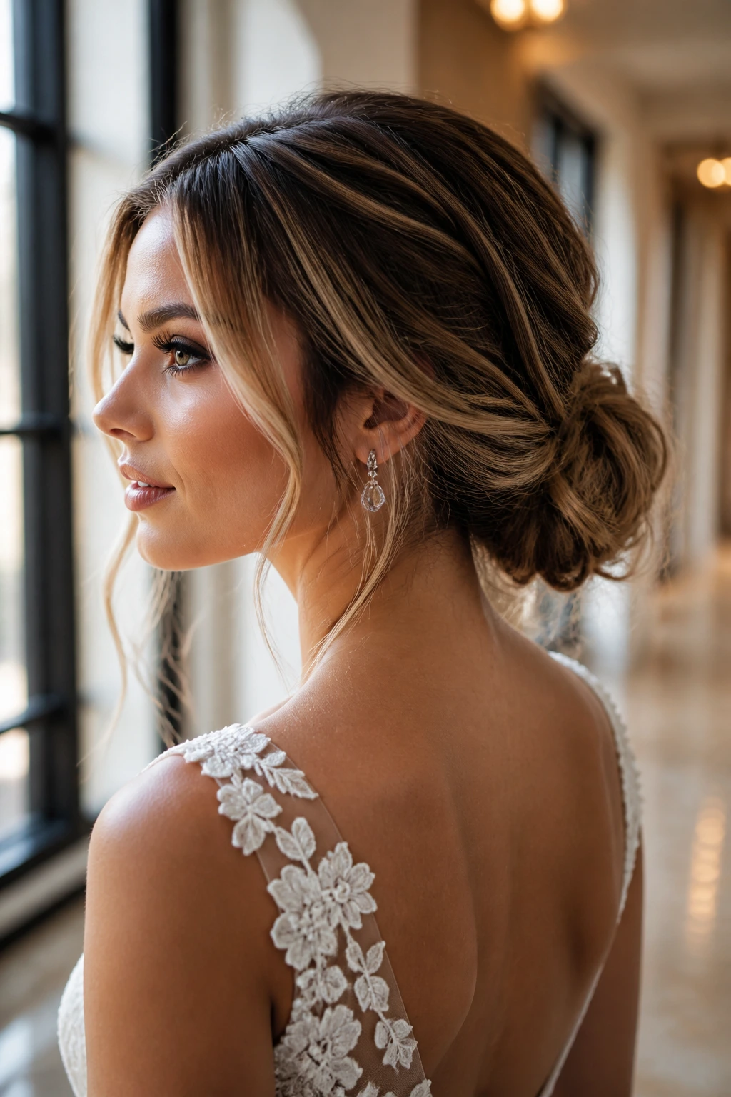Close-up of Textured Low Bun With Wispy Money Pieces on a real bride