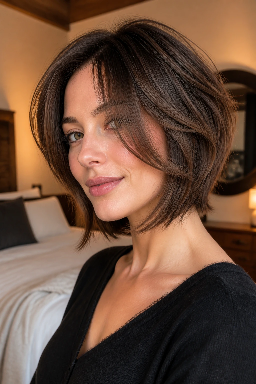 Close-up portrait of a real woman with textured butterfly bob hairstyle.