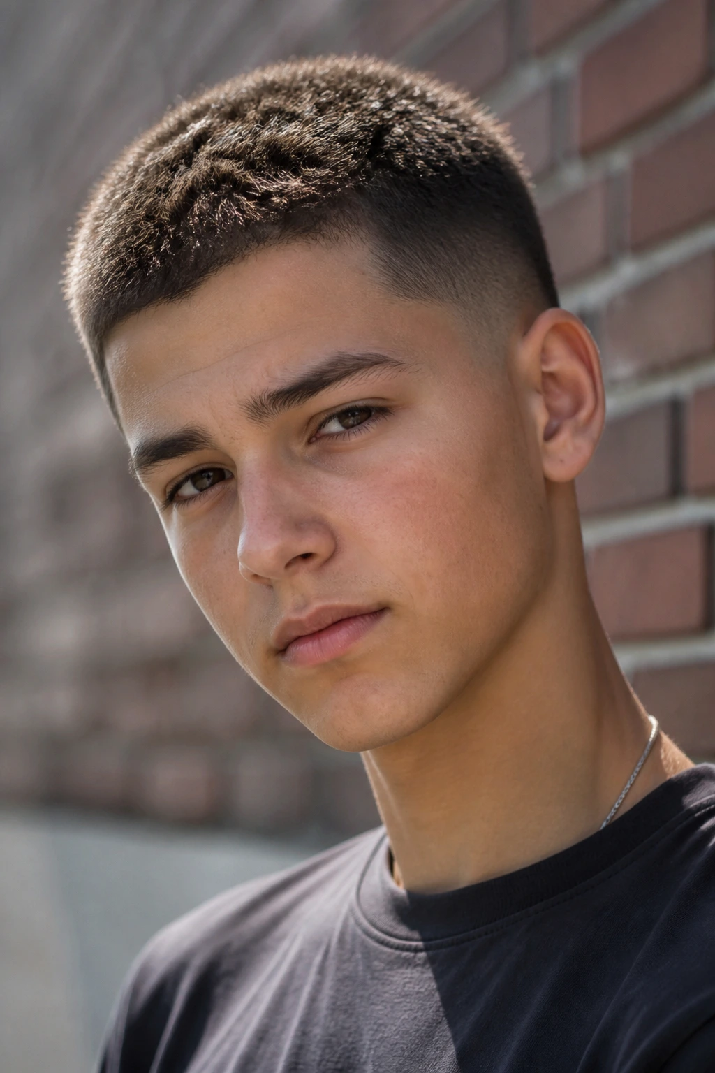 Teen boy close-up with textured buzz cut outdoors