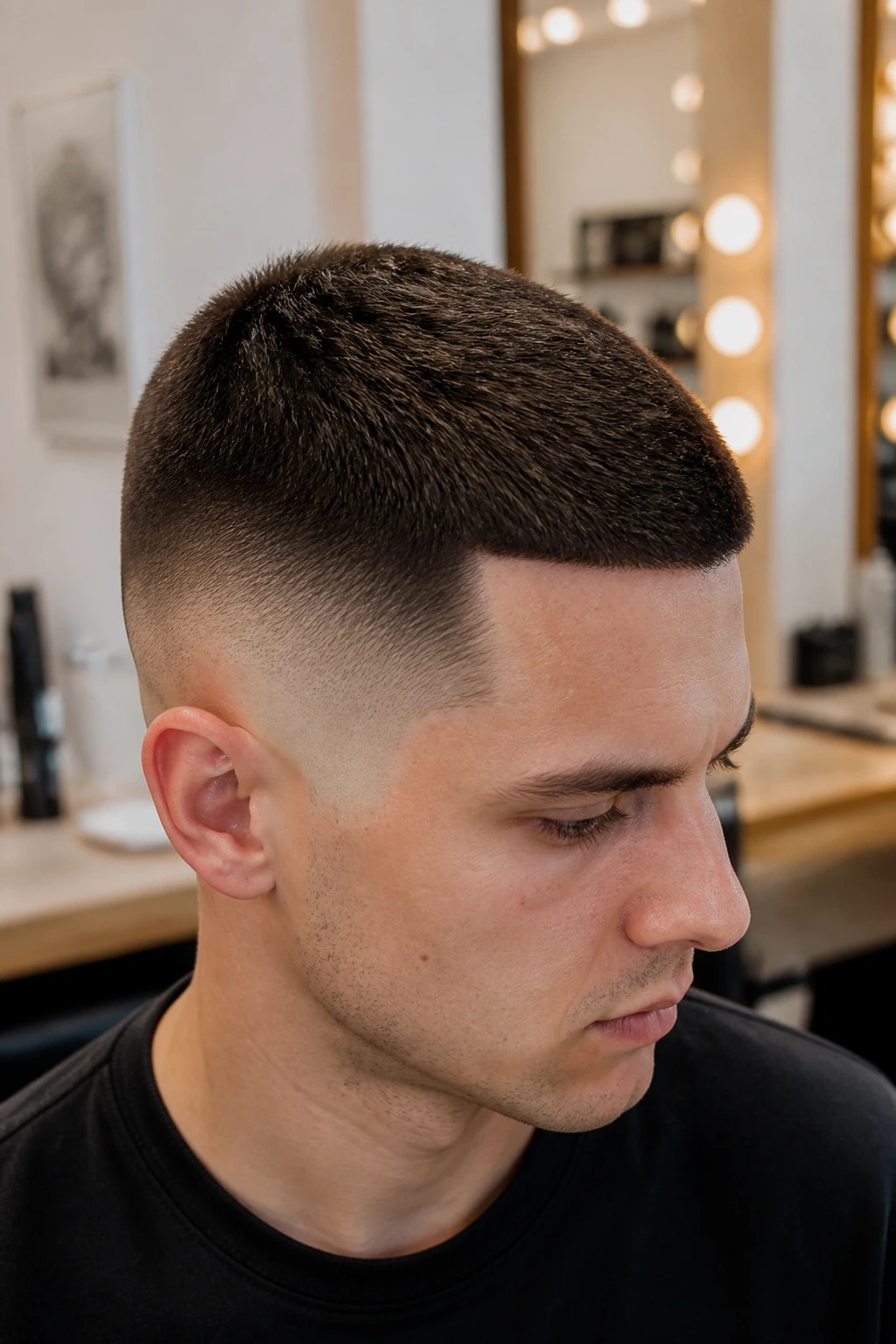 Close-up portrait of a man with textured buzz on thick straight hair