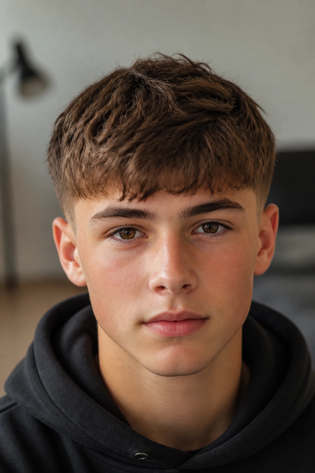 Close-up of real boy with textured caesar haircut under warm indoor light