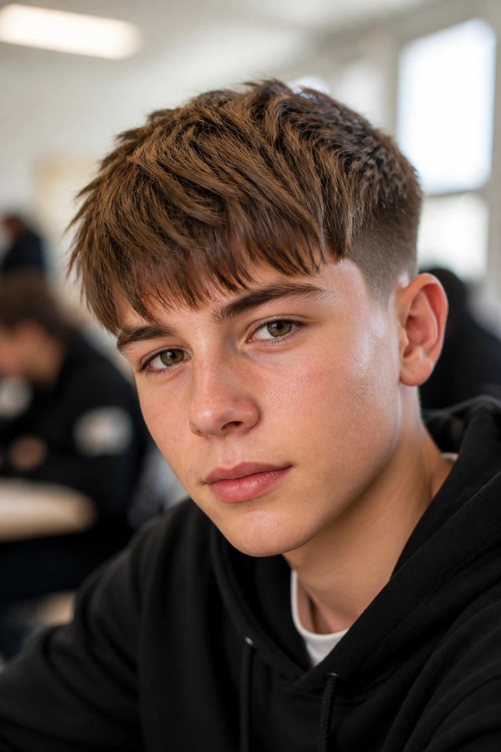 Teen boy with textured Caesar and long fringe portrait