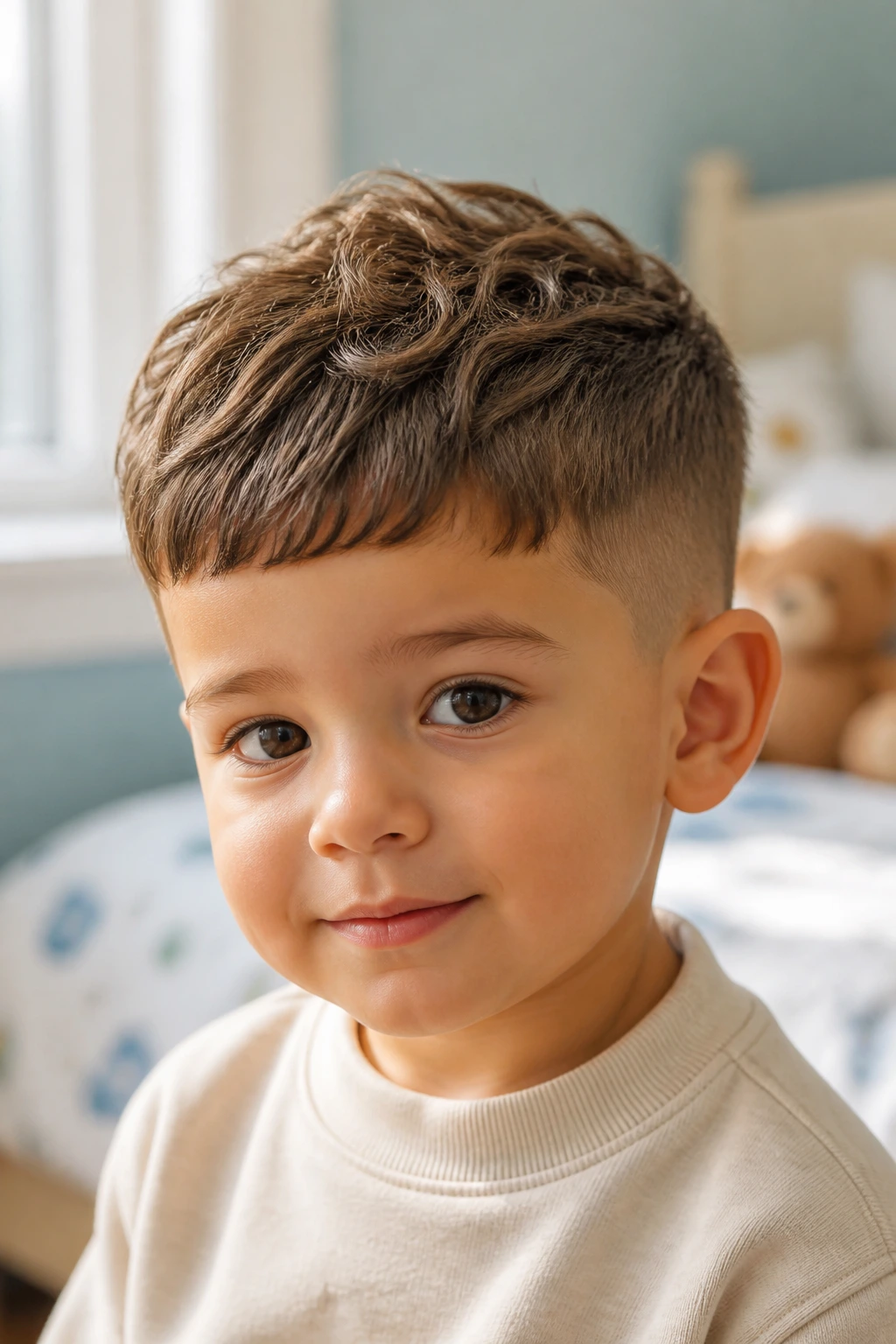 Close-up of a toddler with textured Caesar haircut, soft fringe and textured top in a cozy bedroom