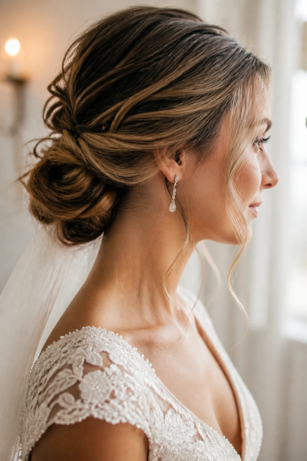 Bride with low textured chignon and face-framing pieces