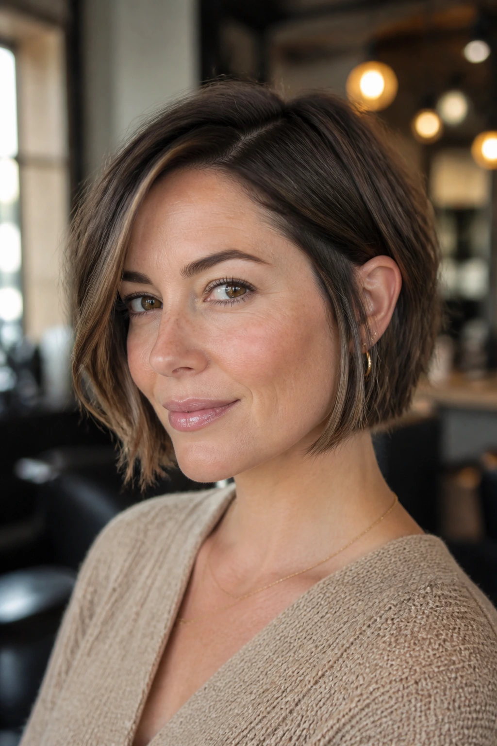 Close-up portrait of a real woman with a textured chin-length bob, showing piecey ends and side-parted style.