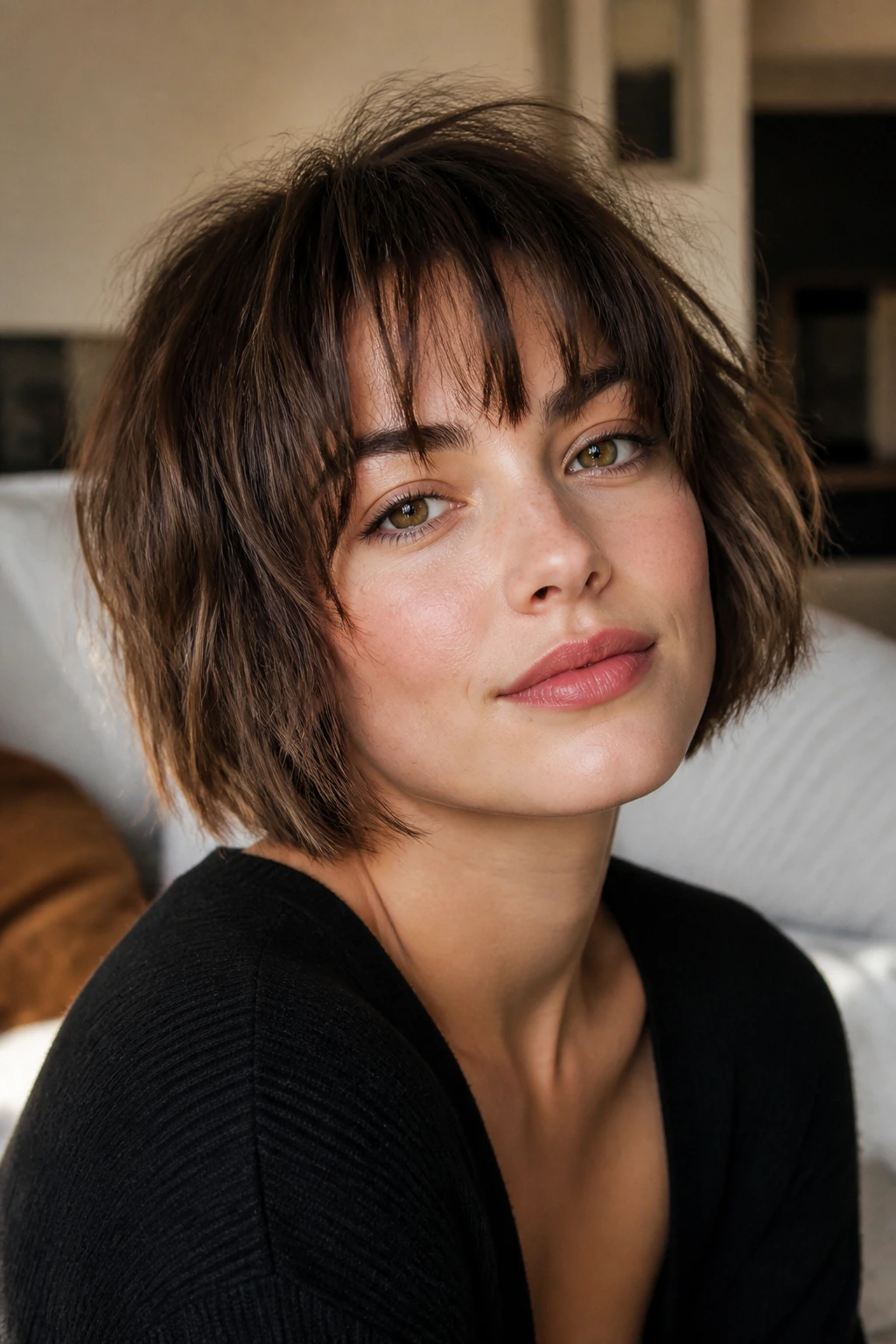 Close-up of a real person with textured chin-length bob and feathered bangs