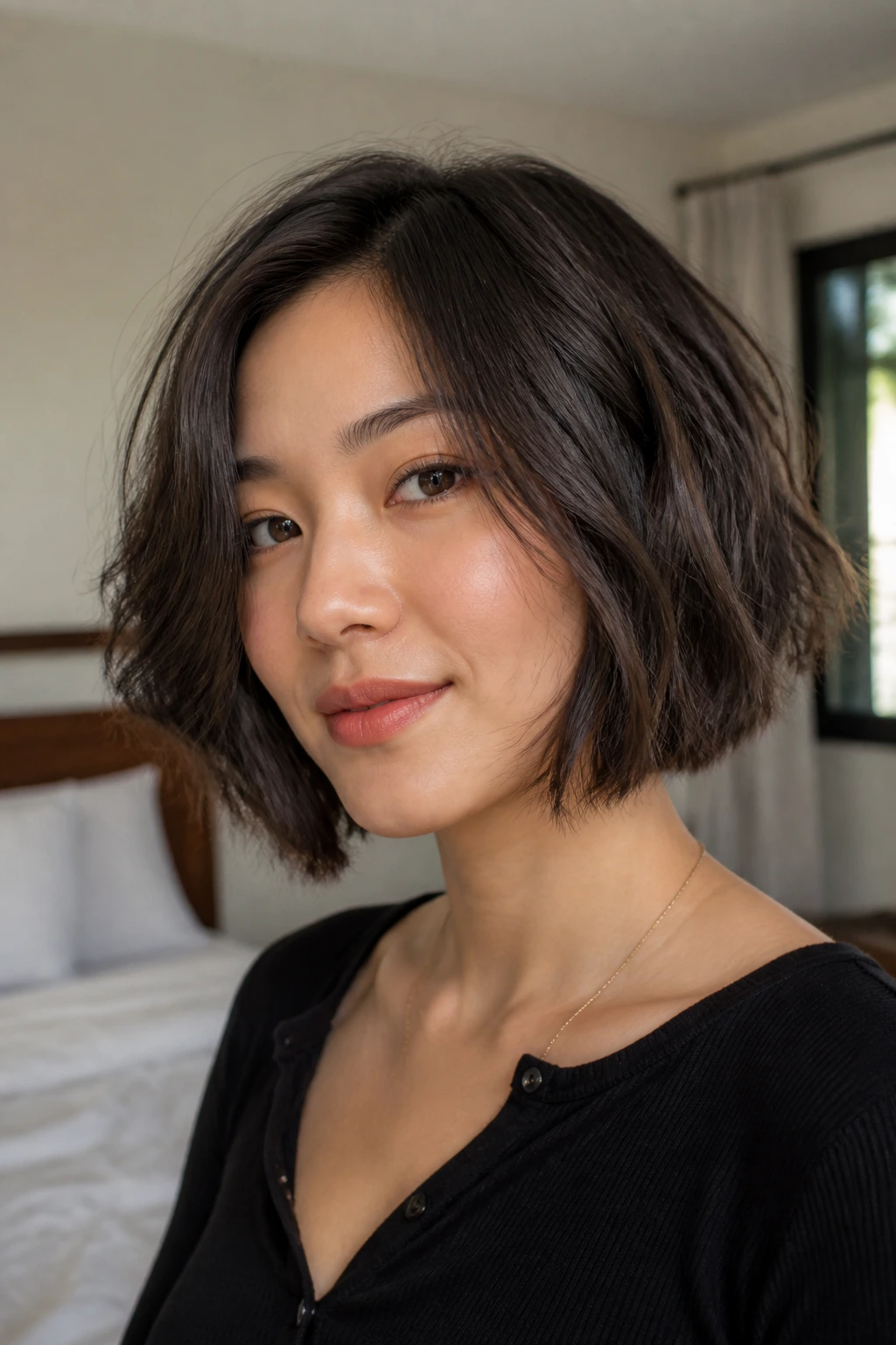 Real woman with textured chin-length bob showing textured edges