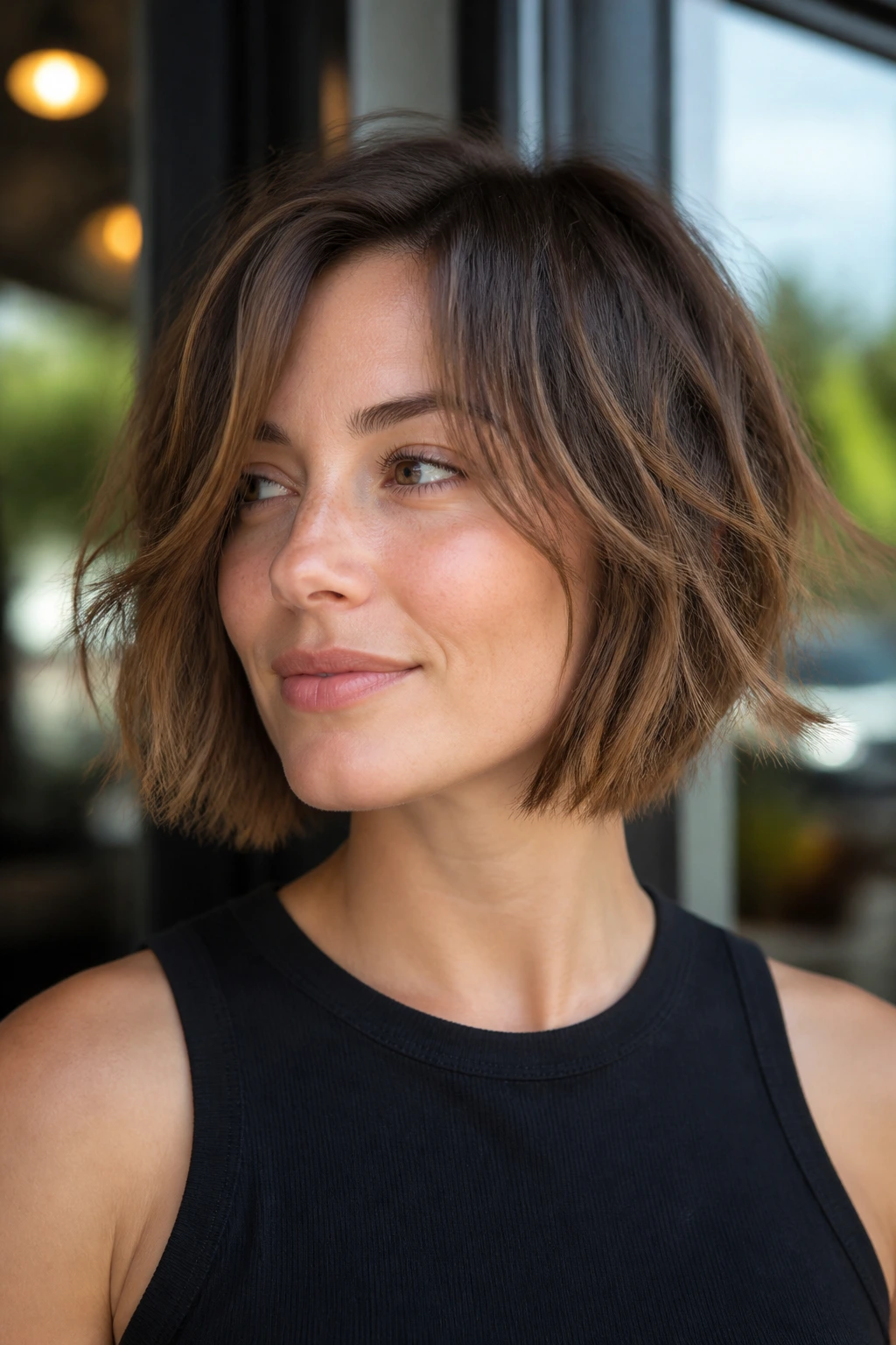Close-up of a real woman with a textured choppy bob and airy ends