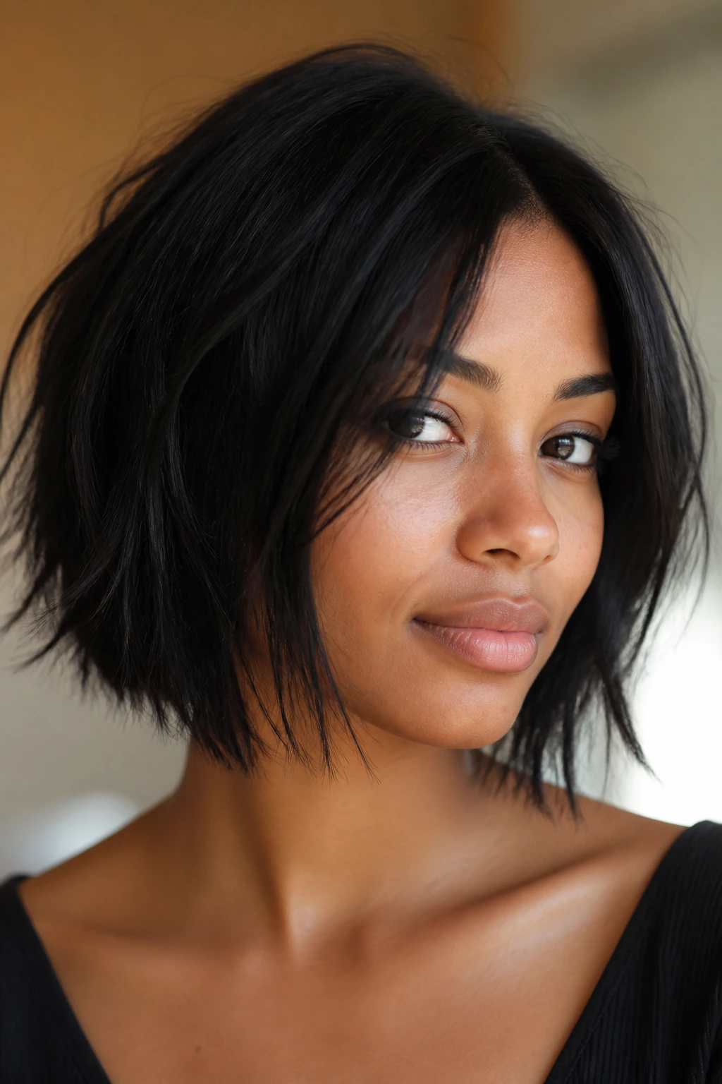 Close-up of a woman with a textured choppy bob catching light