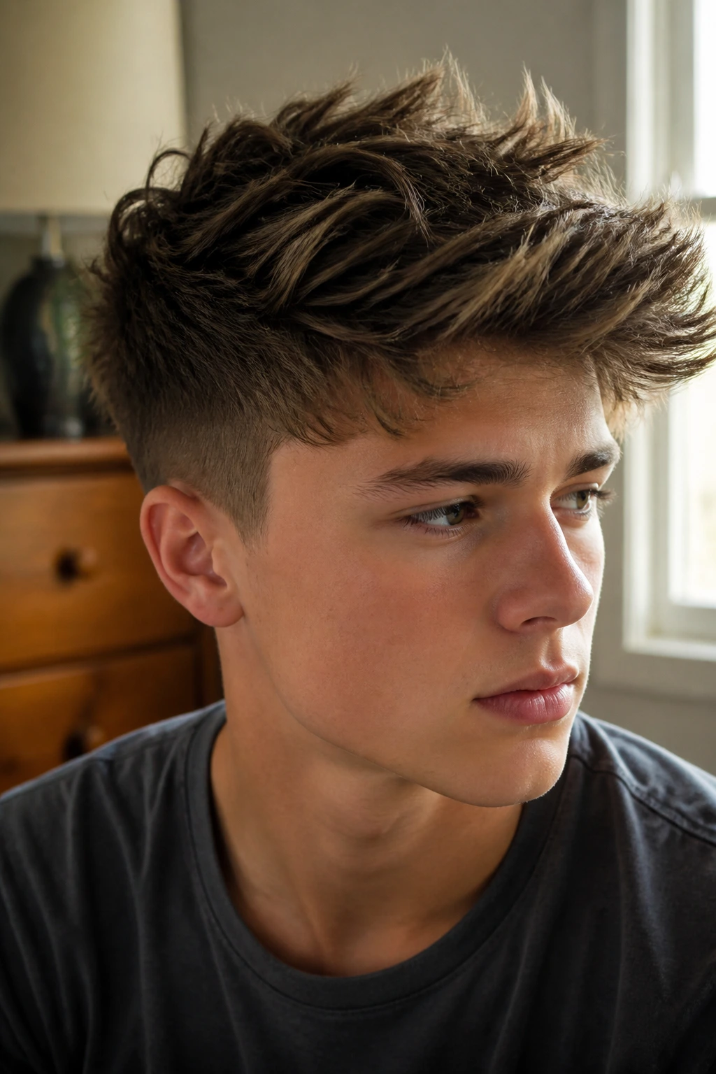 Close-up portrait of a real boy with a textured choppy quiff in a sunlit bedroom