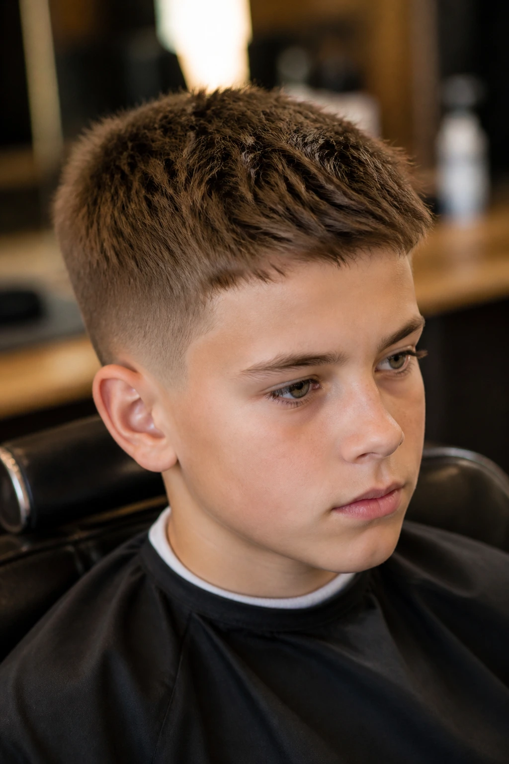 Close-up of a boy with a textured crew cut in a barber chair