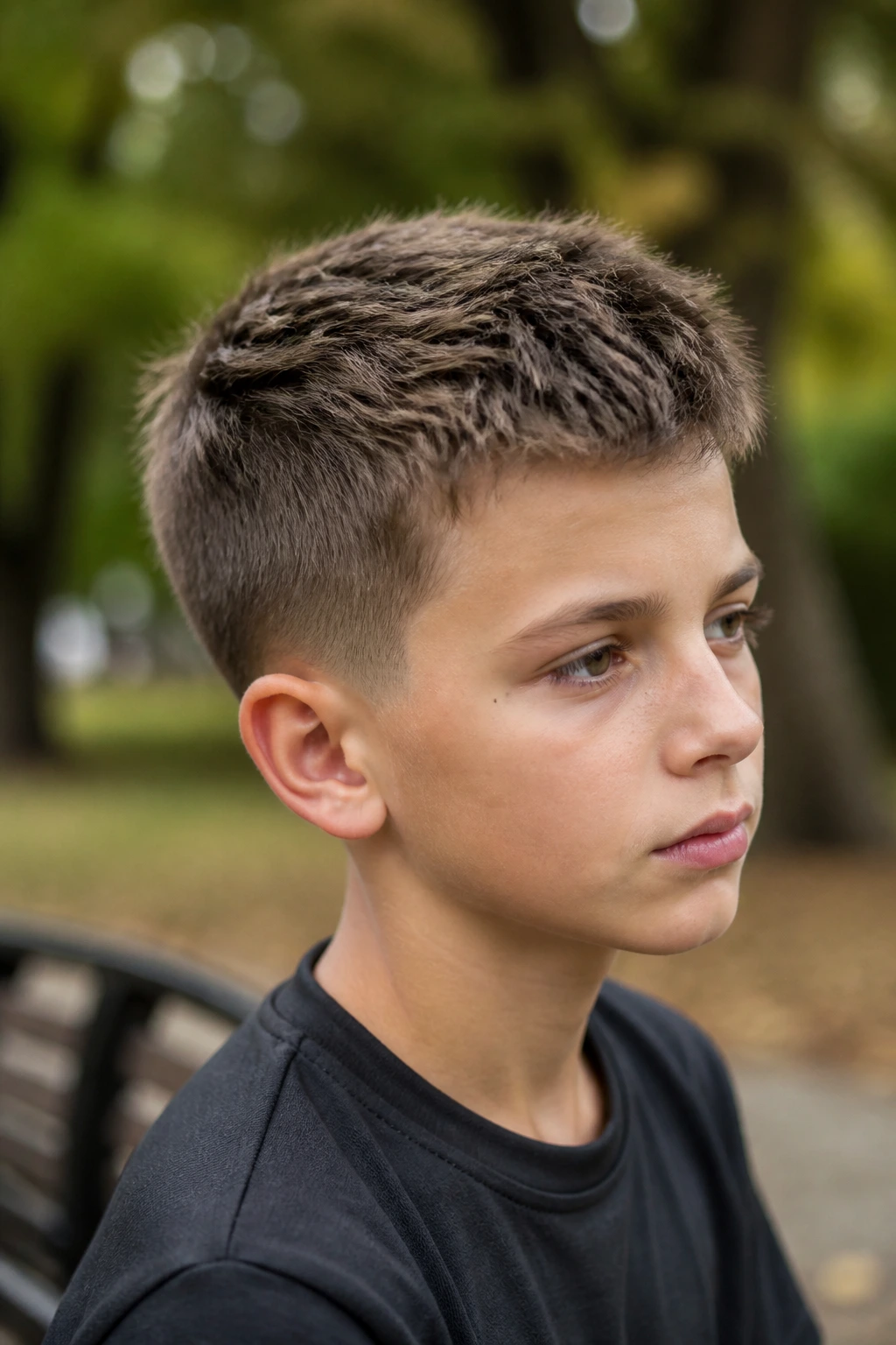 Close-up of a real boy with a textured crew cut showing layered top