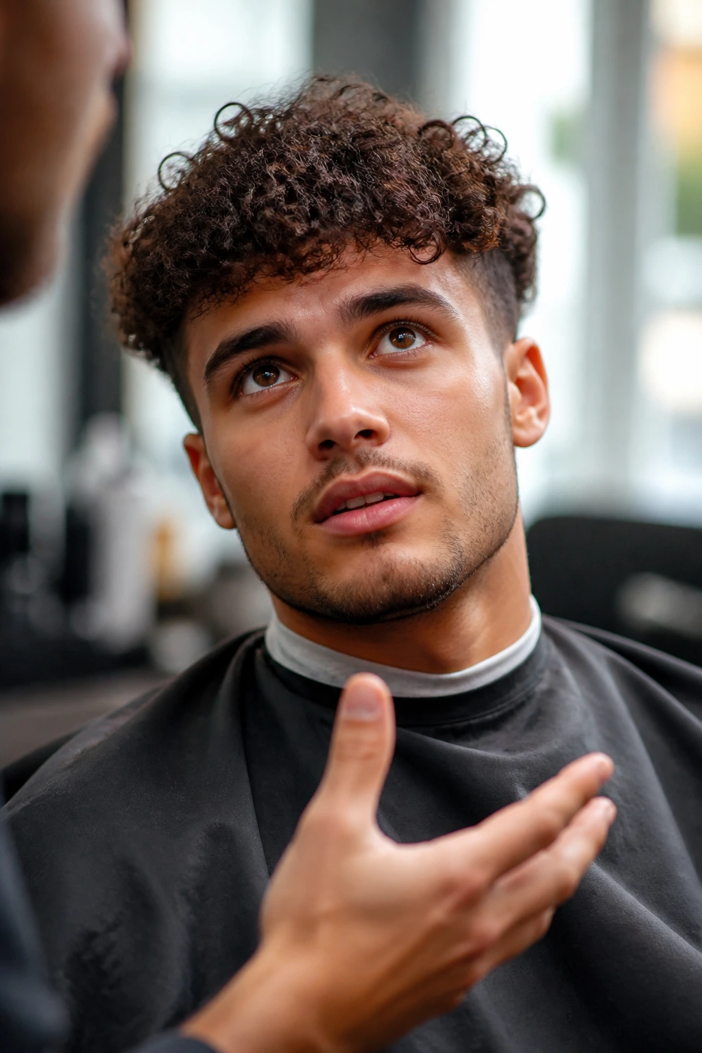 Real man in barber chair discussing textured crop haircut