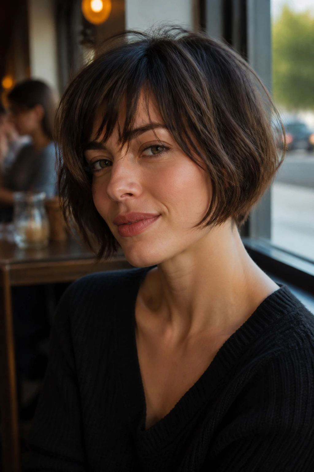 Portrait of a person with a textured crop bob near a cafe window
