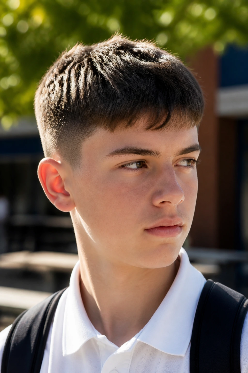 Real boy with textured French crop, fringe above eyebrows, outdoor courtyard backdrop
