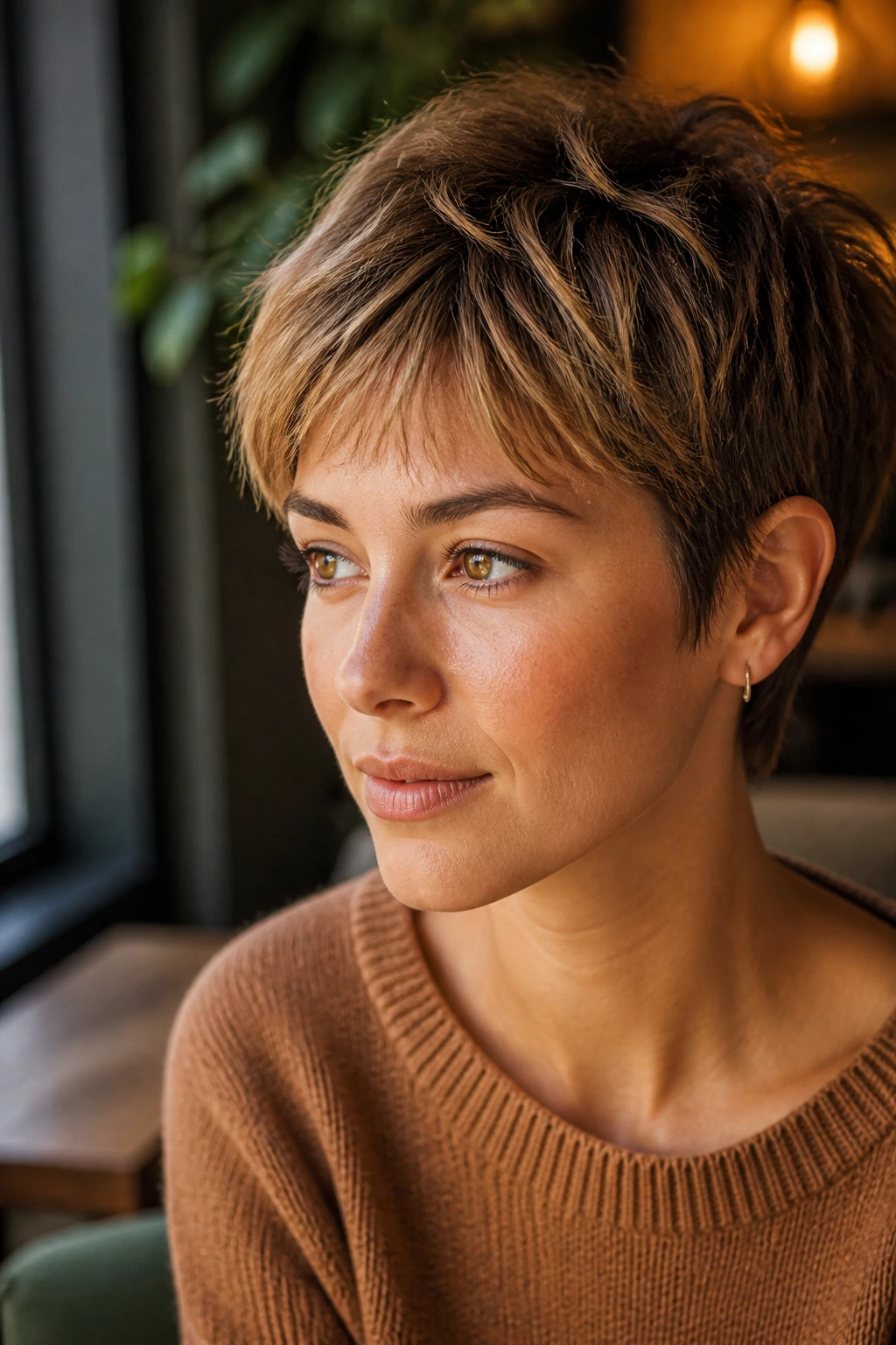 Close-up of a real person with a textured crop and feathered fringe with caramel highlights.