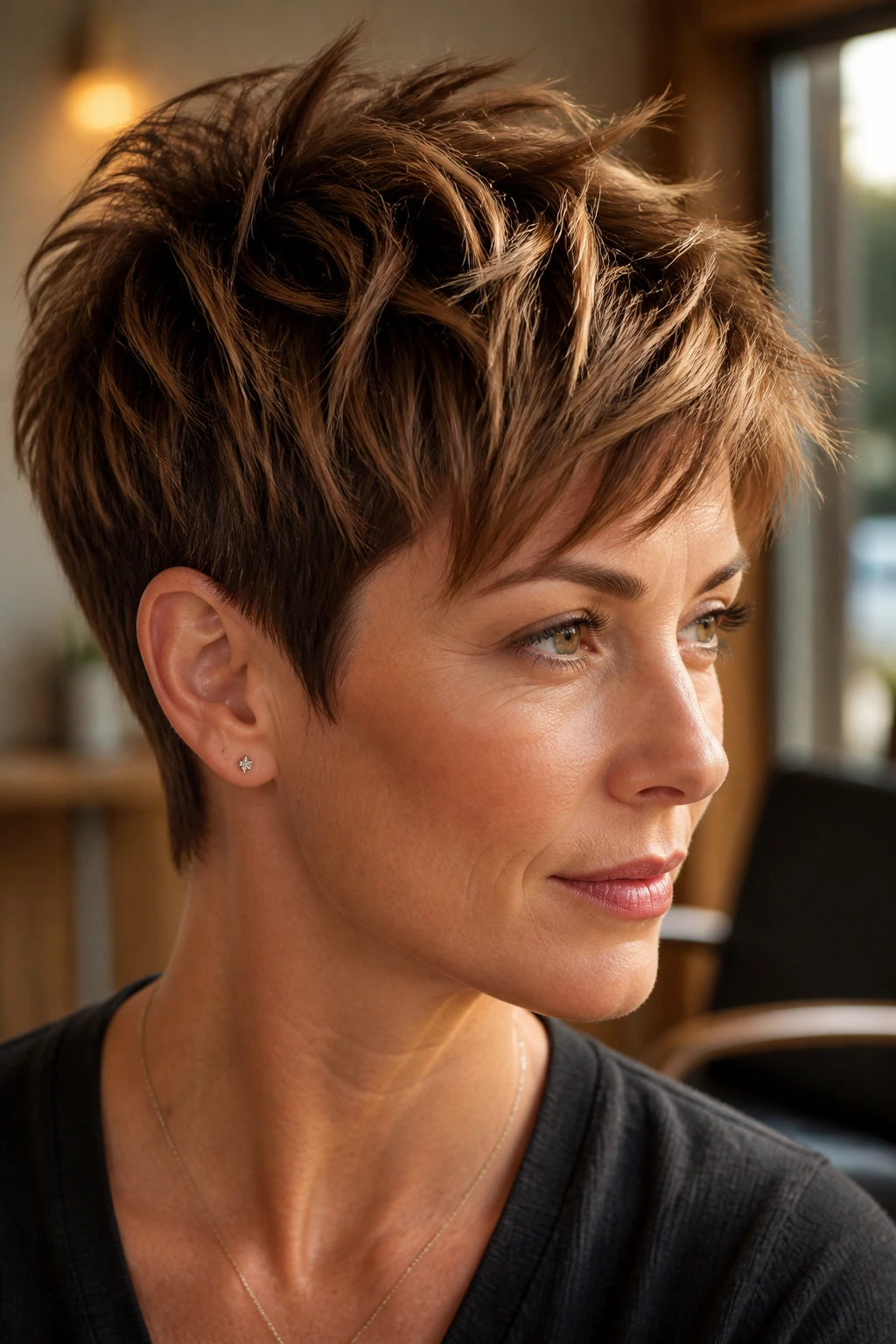 Close-up portrait of a real woman with a textured crop and caramel highlights in salon lighting