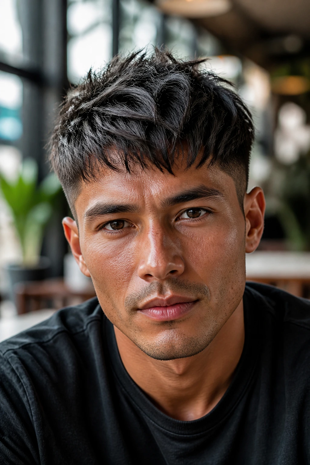 Close-up of a person with a textured crop and charcoal glaze on tan skin
