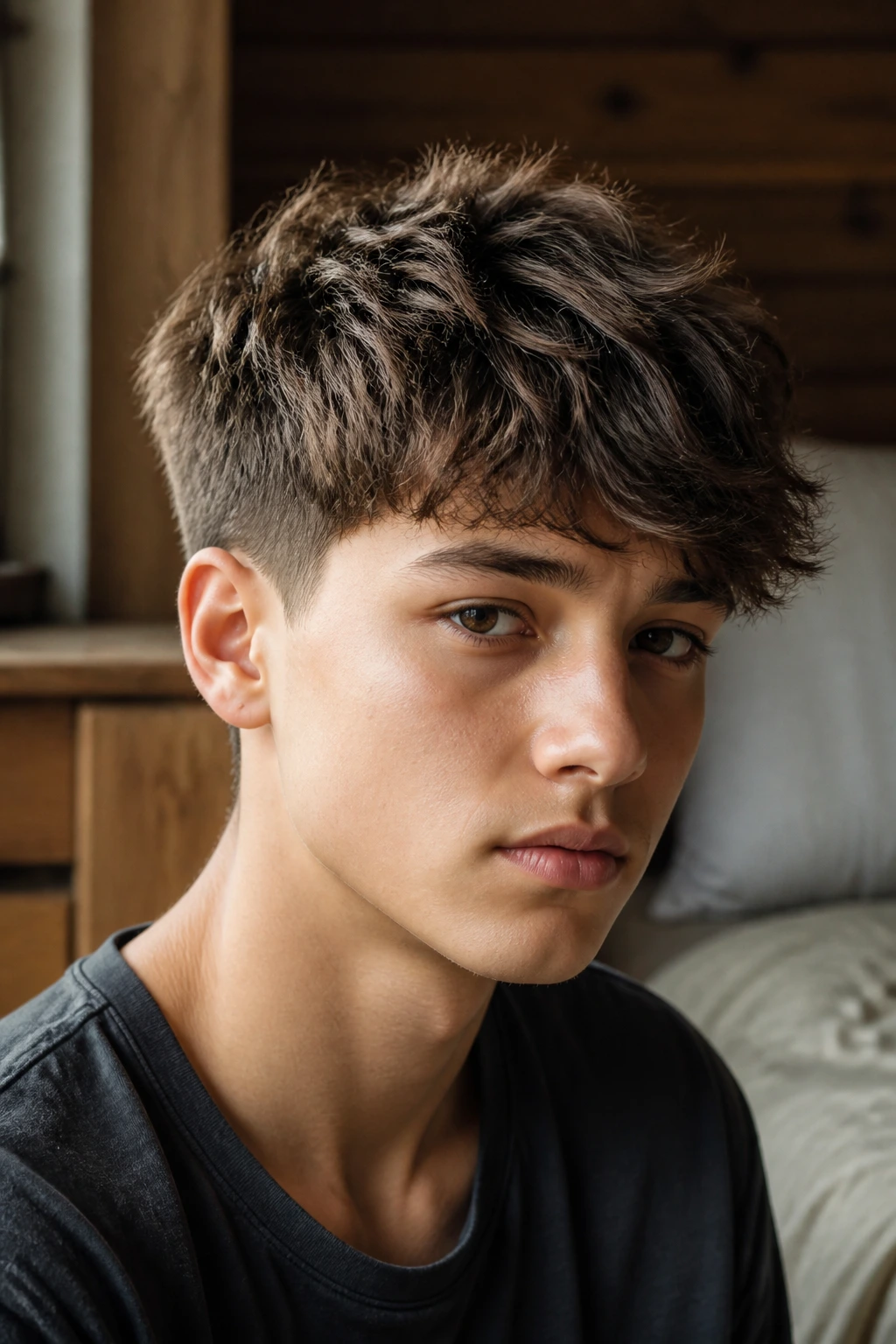 Close-up of a boy's textured crop with a diagonal fringe on wavy hair